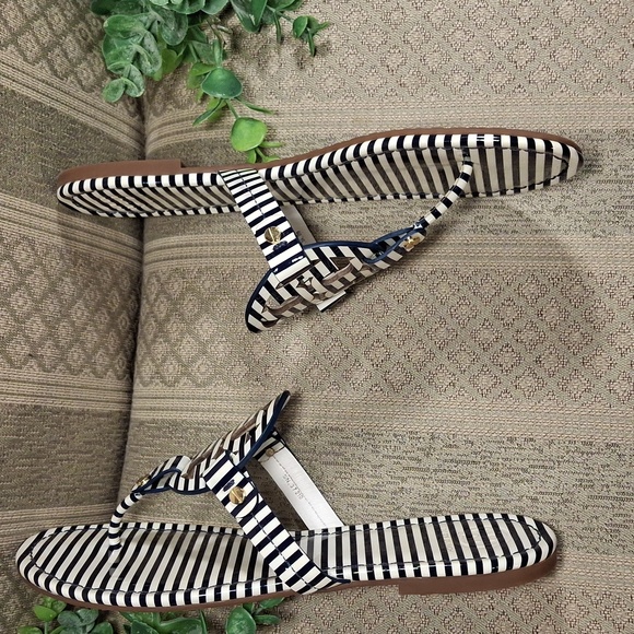 Tory Burch Miller Stripe Patent Leather Sandals In Black & White - Picture 6 of 15